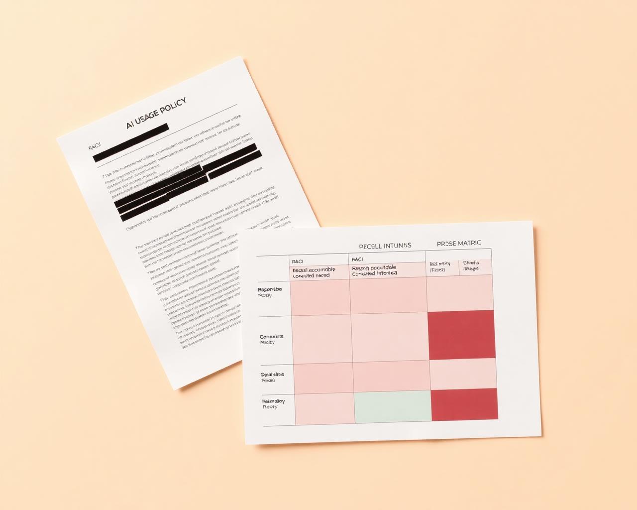 Collage of an AI usage policy excerpt, a RACI table and a risk matrix